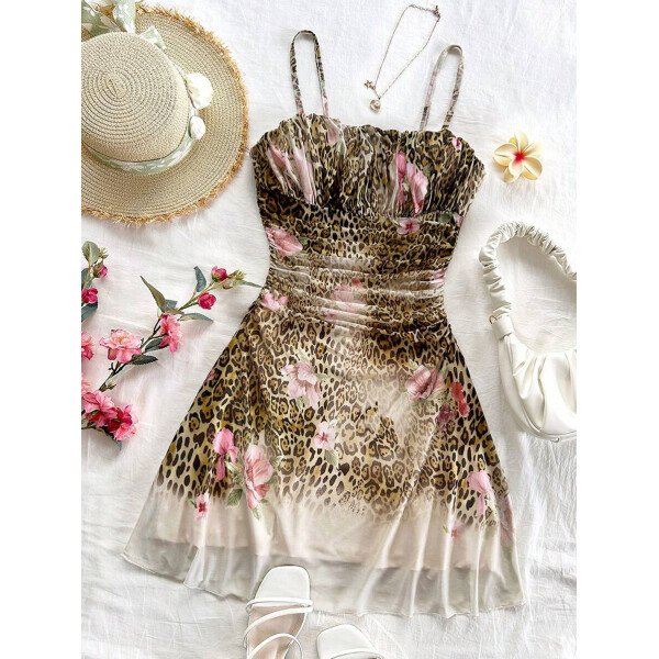 Soleia Vestido de verano de vacaciones de mujer con cuello halter de malla floral en azul y blanco - Imagen 5