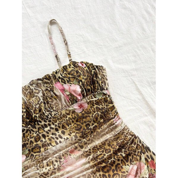 Soleia Vestido de verano de vacaciones de mujer con cuello halter de malla floral en azul y blanco - Imagen 6
