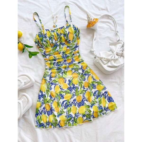 Soleia Vestido de verano de vacaciones de mujer con cuello halter de malla floral en azul y blanco - Imagen 8