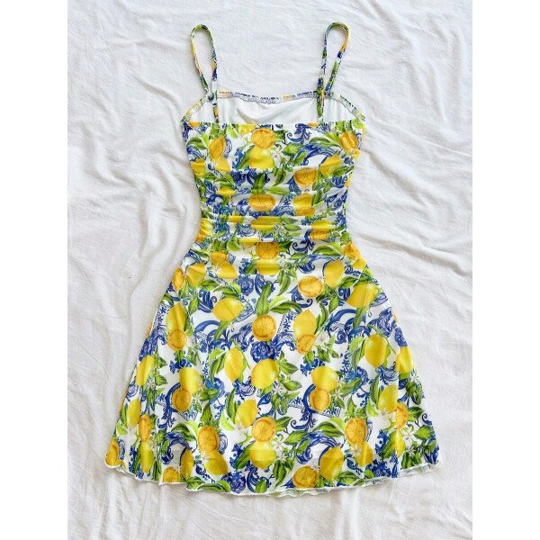 Soleia Vestido de verano de vacaciones de mujer con cuello halter de malla floral en azul y blanco - Imagen 9