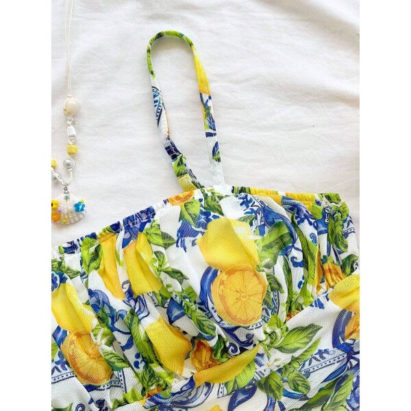 Soleia Vestido de verano de vacaciones de mujer con cuello halter de malla floral en azul y blanco - Imagen 10