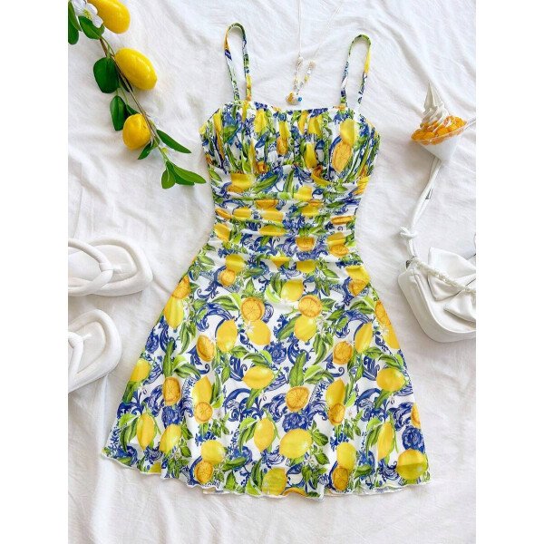 Soleia Vestido de verano de vacaciones de mujer con cuello halter de malla floral en azul y blanco - Imagen 11
