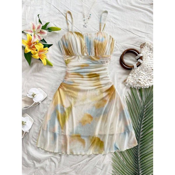Soleia Vestido de verano de vacaciones de mujer con cuello halter de malla floral en azul y blanco - Imagen 29