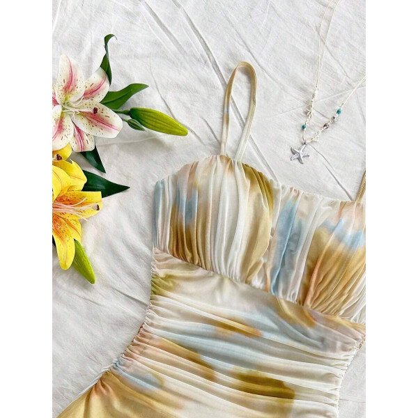 Soleia Vestido de verano de vacaciones de mujer con cuello halter de malla floral en azul y blanco - Imagen 32
