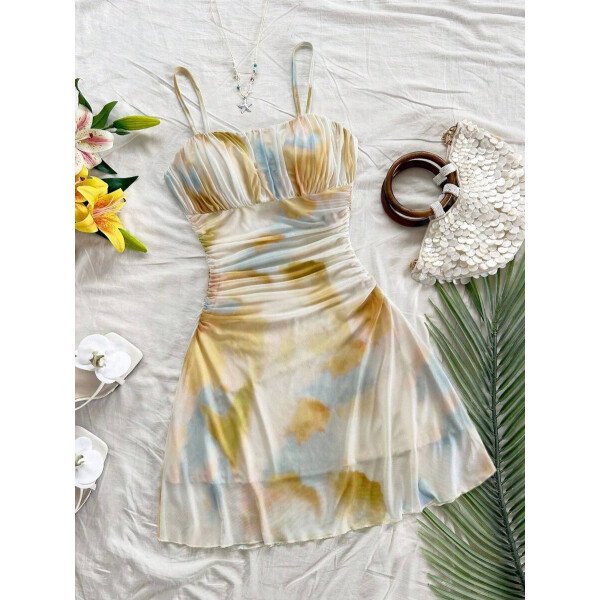 Soleia Vestido de verano de vacaciones de mujer con cuello halter de malla floral en azul y blanco - Imagen 34