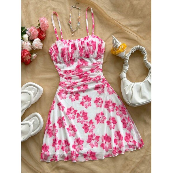 Soleia Vestido de verano de vacaciones de mujer con cuello halter de malla floral en azul y blanco - Imagen 36