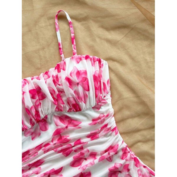 Soleia Vestido de verano de vacaciones de mujer con cuello halter de malla floral en azul y blanco - Imagen 38