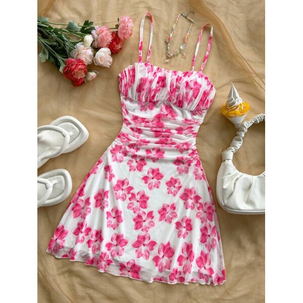 Soleia Vestido de verano de vacaciones de mujer con cuello halter de malla floral en azul y blanco - Imagen 40