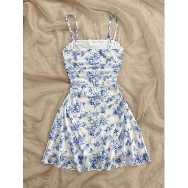 Soleia Vestido de verano de vacaciones de mujer con cuello halter de malla floral en azul y blanco - Imagen 43