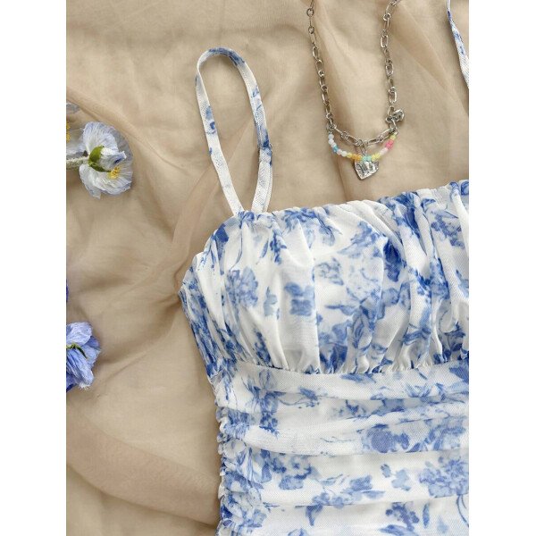 Soleia Vestido de verano de vacaciones de mujer con cuello halter de malla floral en azul y blanco - Imagen 44