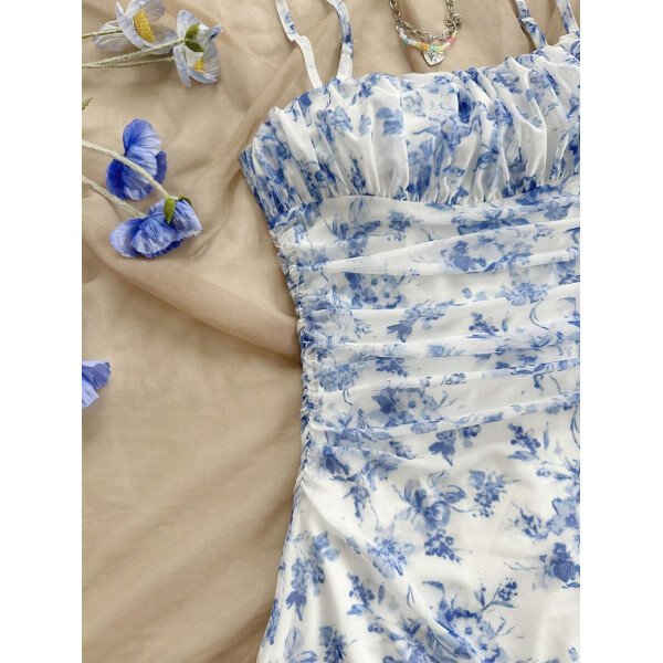 Soleia Vestido de verano de vacaciones de mujer con cuello halter de malla floral en azul y blanco - Imagen 45