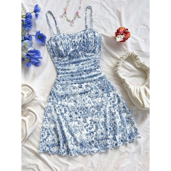 Soleia Vestido de verano de vacaciones de mujer con cuello halter de malla floral en azul y blanco - Imagen 47