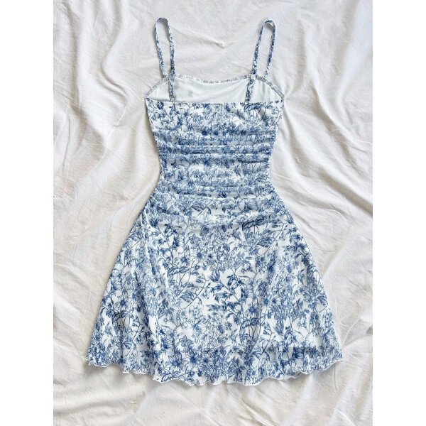 Soleia Vestido de verano de vacaciones de mujer con cuello halter de malla floral en azul y blanco - Imagen 48