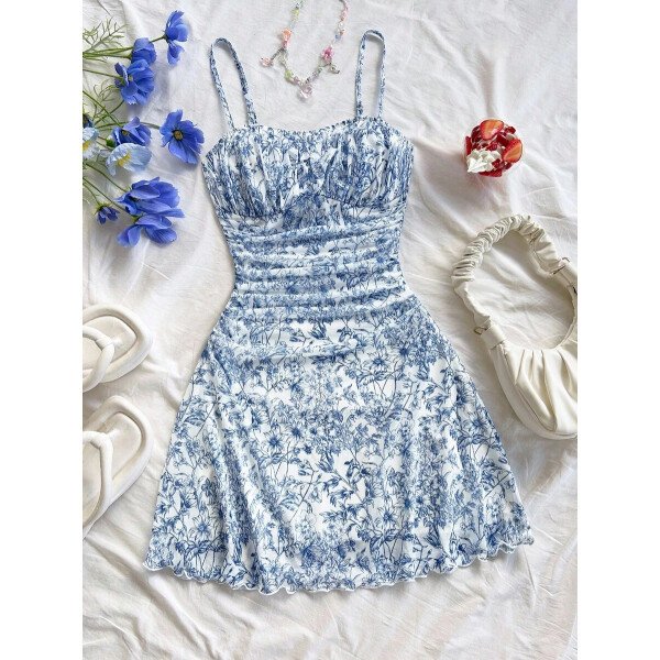 Soleia Vestido de verano de vacaciones de mujer con cuello halter de malla floral en azul y blanco - Imagen 49