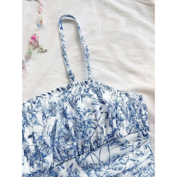 Soleia Vestido de verano de vacaciones de mujer con cuello halter de malla floral en azul y blanco - Imagen 50