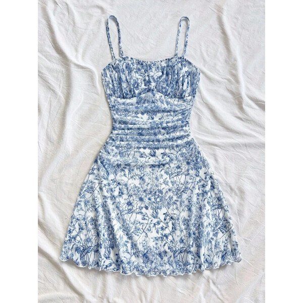 Soleia Vestido de verano de vacaciones de mujer con cuello halter de malla floral en azul y blanco - Imagen 52