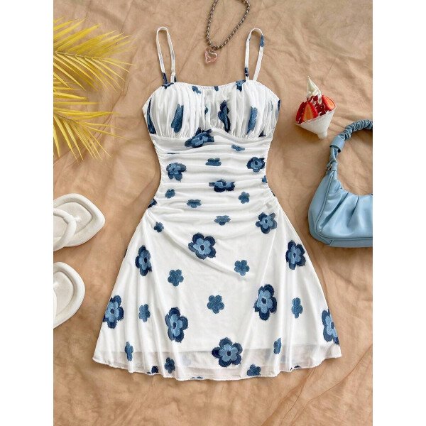 Soleia Vestido de verano de vacaciones de mujer con cuello halter de malla floral en azul y blanco - Imagen 56