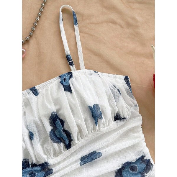 Soleia Vestido de verano de vacaciones de mujer con cuello halter de malla floral en azul y blanco - Imagen 57