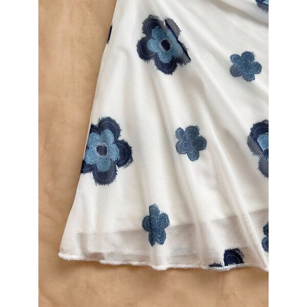 Soleia Vestido de verano de vacaciones de mujer con cuello halter de malla floral en azul y blanco - Imagen 58