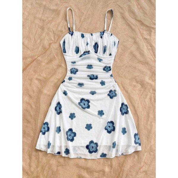 Soleia Vestido de verano de vacaciones de mujer con cuello halter de malla floral en azul y blanco - Imagen 59