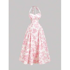 Vestido de longitud media con estampado floral romántico y escote halter para mujeres