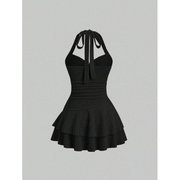 Sweetra Nuevo vestido mini elegante para mujer apropiado para la playa y vacaciones de verano, con tela con textura, cuello halter, lazo delantero, busto fruncido, decoración metálica, falda con volantes en capas y dobladillo juguetón - Imagen 9