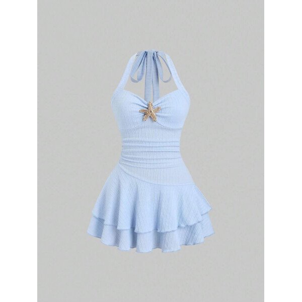 Sweetra Nuevo vestido mini elegante para mujer apropiado para la playa y vacaciones de verano, con tela con textura, cuello halter, lazo delantero, busto fruncido, decoración metálica, falda con volantes en capas y dobladillo juguetón - Imagen 14