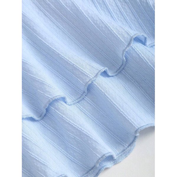Sweetra Nuevo vestido mini elegante para mujer apropiado para la playa y vacaciones de verano, con tela con textura, cuello halter, lazo delantero, busto fruncido, decoración metálica, falda con volantes en capas y dobladillo juguetón - Imagen 16