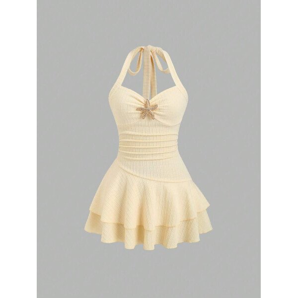 Sweetra Nuevo vestido mini elegante para mujer apropiado para la playa y vacaciones de verano, con tela con textura, cuello halter, lazo delantero, busto fruncido, decoración metálica, falda con volantes en capas y dobladillo juguetón - Imagen 32