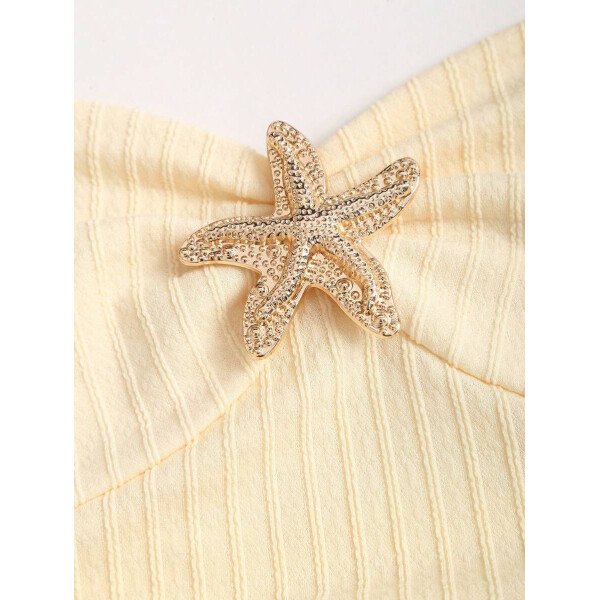 Sweetra Nuevo vestido mini elegante para mujer apropiado para la playa y vacaciones de verano, con tela con textura, cuello halter, lazo delantero, busto fruncido, decoración metálica, falda con volantes en capas y dobladillo juguetón - Imagen 34