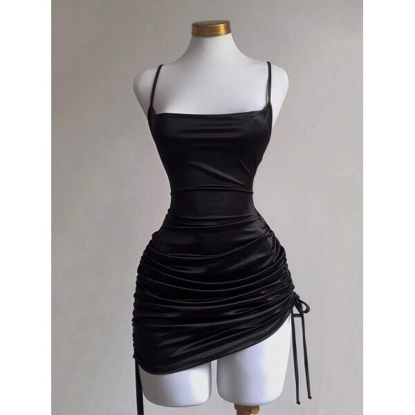 Chiquease Vestido de mujer con cuello plisado con abertura lateral y escote bajo - Imagen 2
