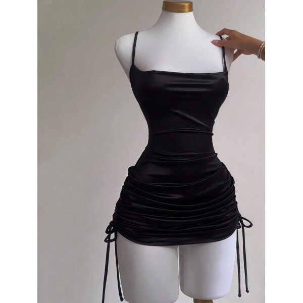 Chiquease Vestido de mujer con cuello plisado con abertura lateral y escote bajo - Imagen 4