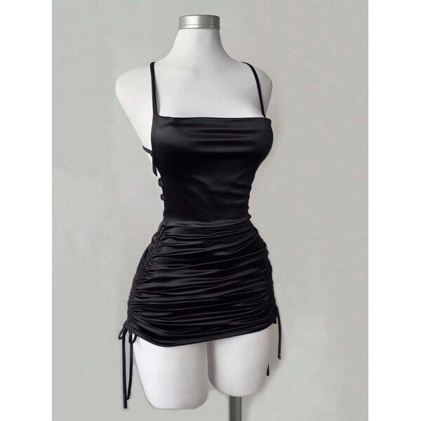 Chiquease Vestido de mujer con cuello plisado con abertura lateral y escote bajo - Imagen 5