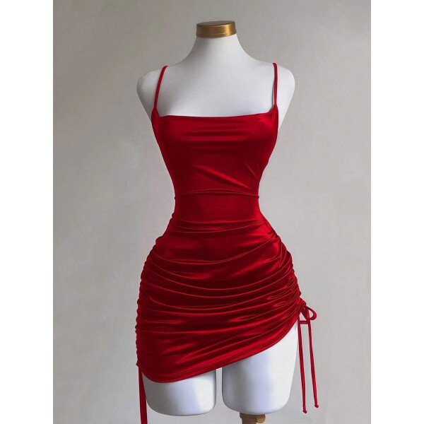 Chiquease Vestido de mujer con cuello plisado con abertura lateral y escote bajo - Imagen 6