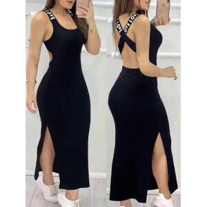 Vestido largo de mujer para verano sin mangas, con abertura hasta el muslo y estampado de letras, con espalda descubierta