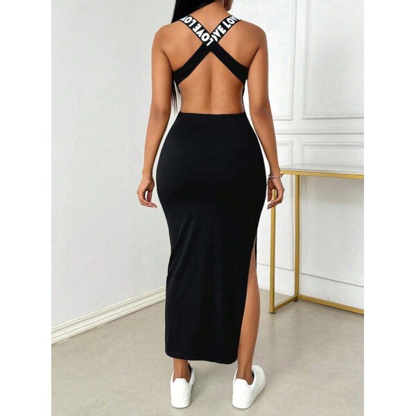 Vestido largo de mujer para verano sin mangas, con abertura hasta el muslo y estampado de letras, con espalda descubierta - Imagen 9