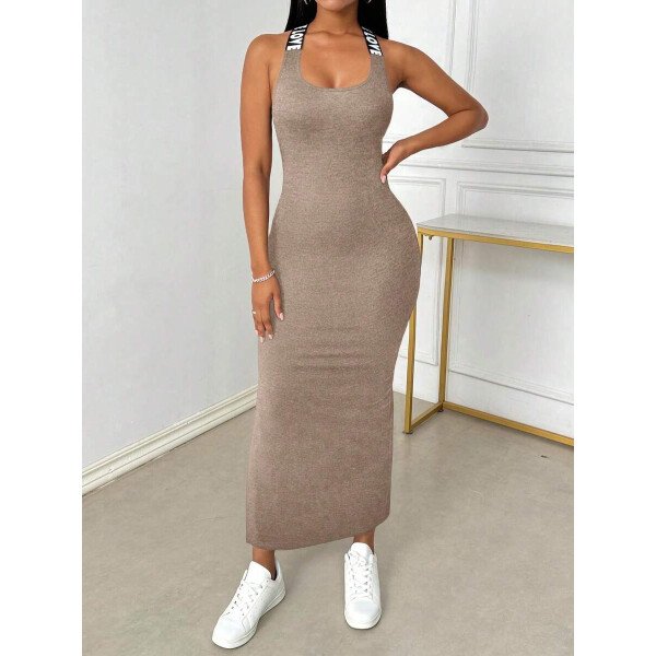 Vestido largo de mujer para verano sin mangas, con abertura hasta el muslo y estampado de letras, con espalda descubierta - Imagen 14