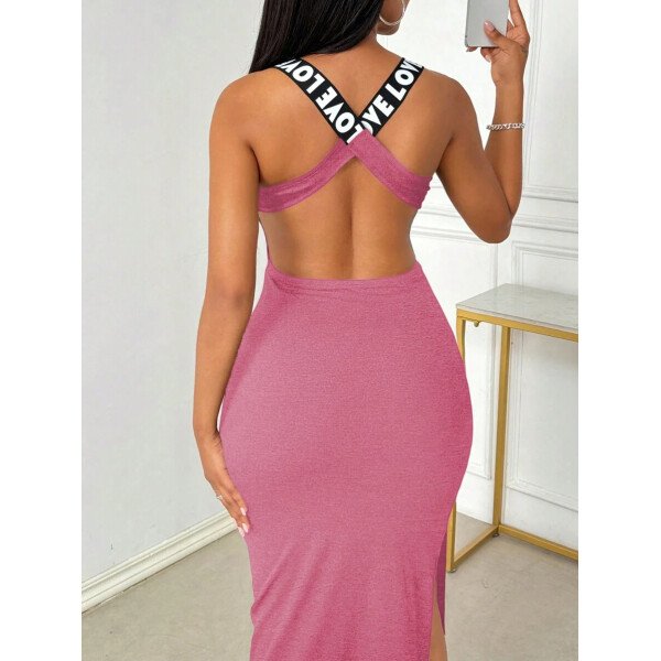 Vestido largo de mujer para verano sin mangas, con abertura hasta el muslo y estampado de letras, con espalda descubierta - Imagen 26