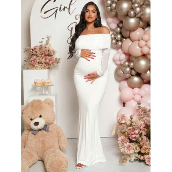 Vestido de maternidad de unicolor con hombros descubiertos, para baby shower