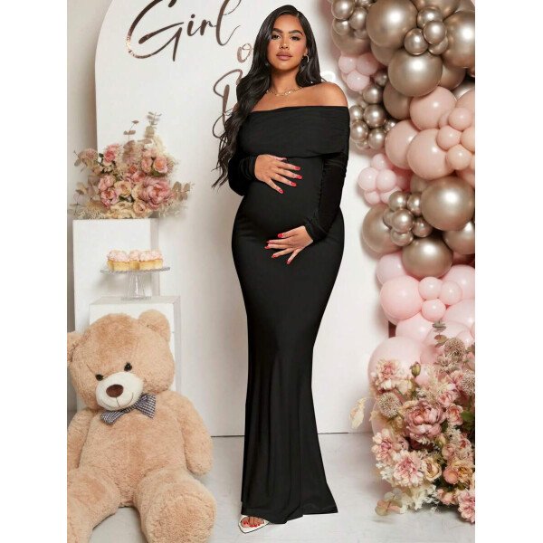 Vestido de maternidad de unicolor con hombros descubiertos, para baby shower - Imagen 2