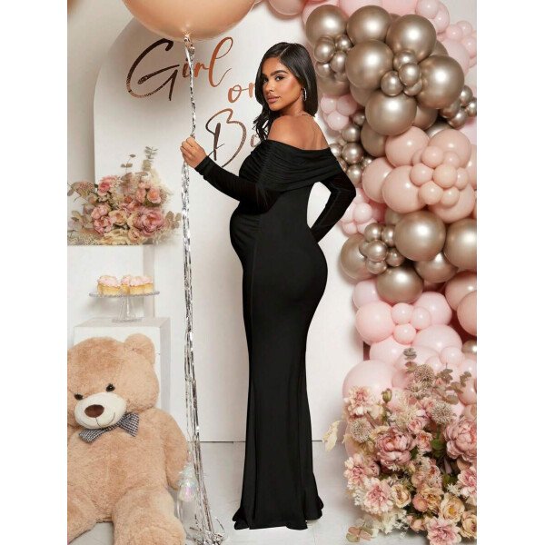 Vestido de maternidad de unicolor con hombros descubiertos, para baby shower - Imagen 3