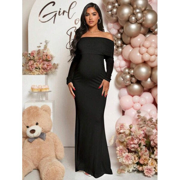 Vestido de maternidad de unicolor con hombros descubiertos, para baby shower - Imagen 4