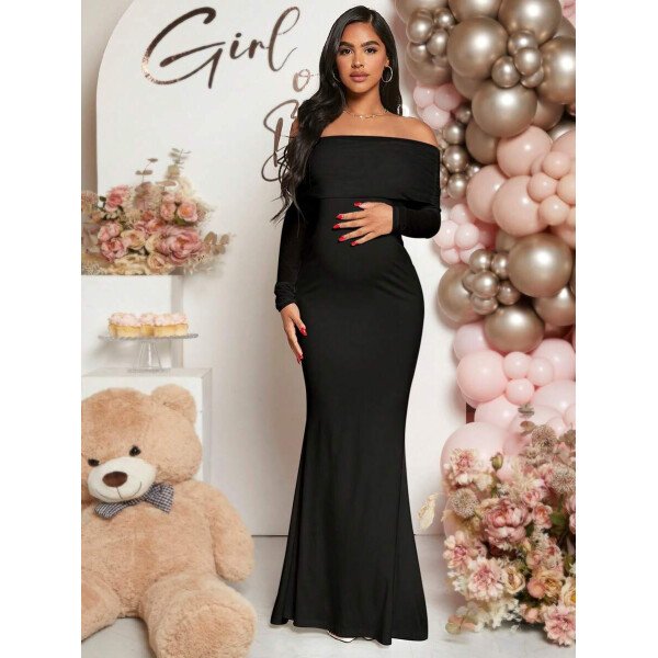 Vestido de maternidad de unicolor con hombros descubiertos, para baby shower - Imagen 5