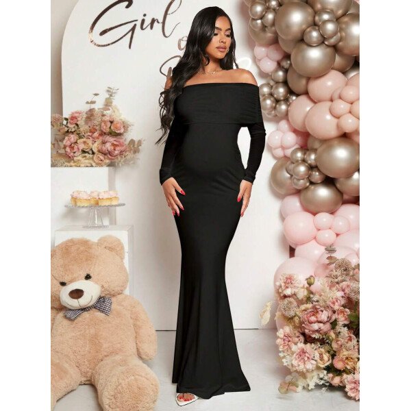 Vestido de maternidad de unicolor con hombros descubiertos, para baby shower - Imagen 7