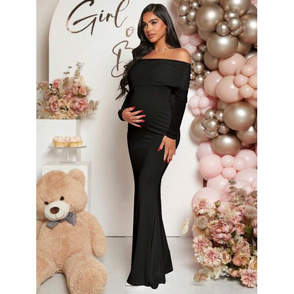 Vestido de maternidad de unicolor con hombros descubiertos, para baby shower - Imagen 8