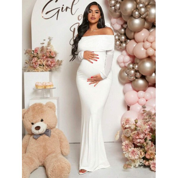 Vestido de maternidad de unicolor con hombros descubiertos, para baby shower - Imagen 9