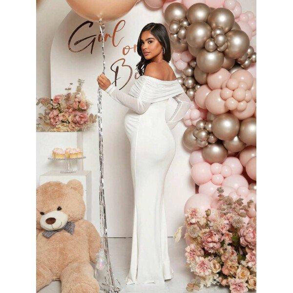 Vestido de maternidad de unicolor con hombros descubiertos, para baby shower - Imagen 10