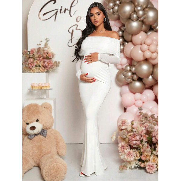 Vestido de maternidad de unicolor con hombros descubiertos, para baby shower - Imagen 11