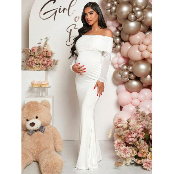 Vestido de maternidad de unicolor con hombros descubiertos, para baby shower - Imagen 13