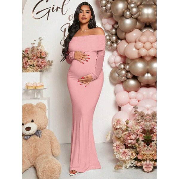 Vestido de maternidad de unicolor con hombros descubiertos, para baby shower - Imagen 15